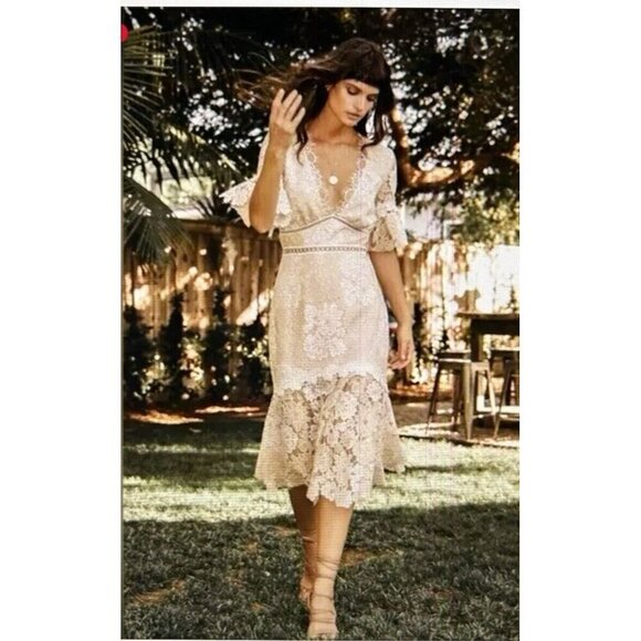 Saylor “Maggy” Floral Lace V-Neck Short Sleeve Sheath Midi Dress Cream Size S - Picture 1 of 16